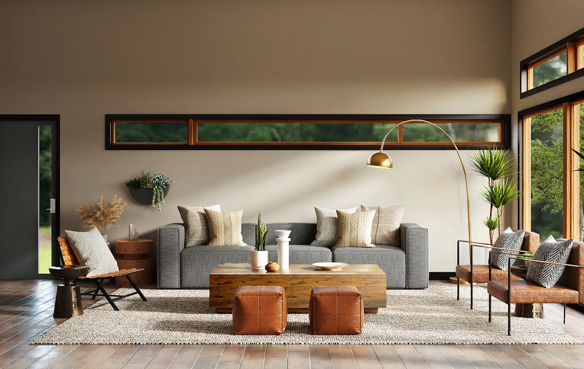 Bright modern living room with a flawless seamless stretch ceiling in a Greater Toronto Area home